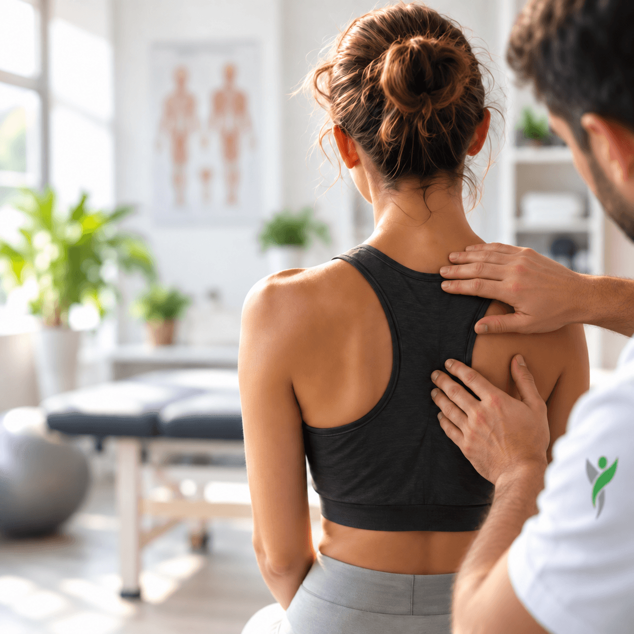 Ein Physiotherapeut behandelt eine Patientin an der Schulter.