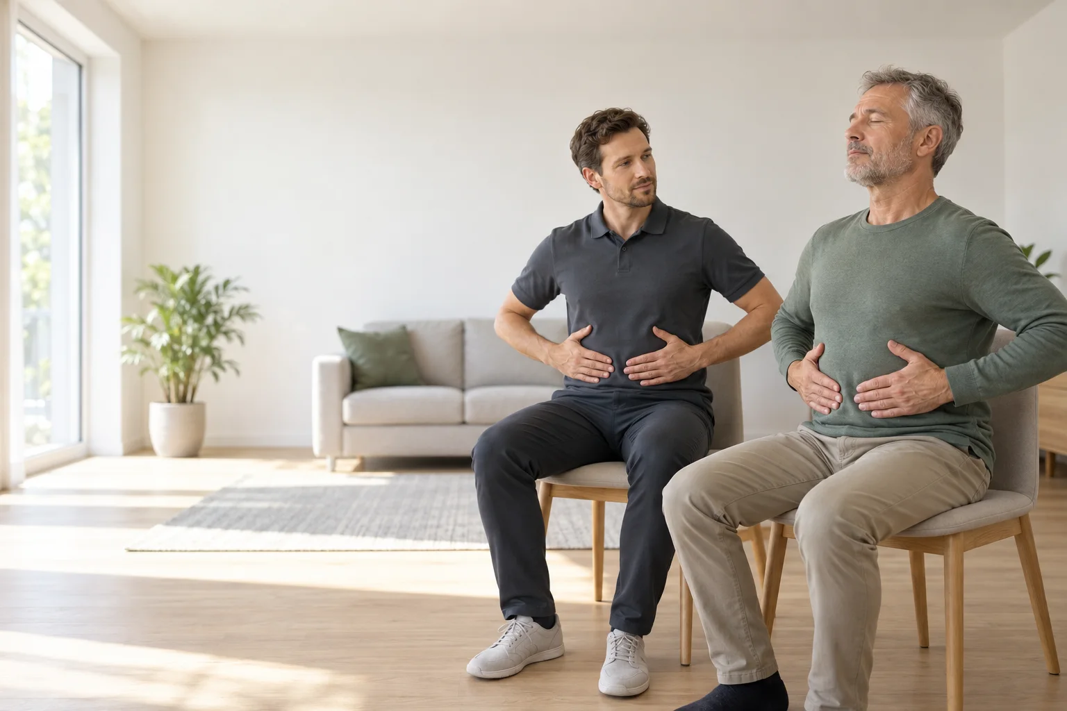 Physiotherapeut begleitet einen Patienten bei einer ruhigen Atemübung im Sitzen.