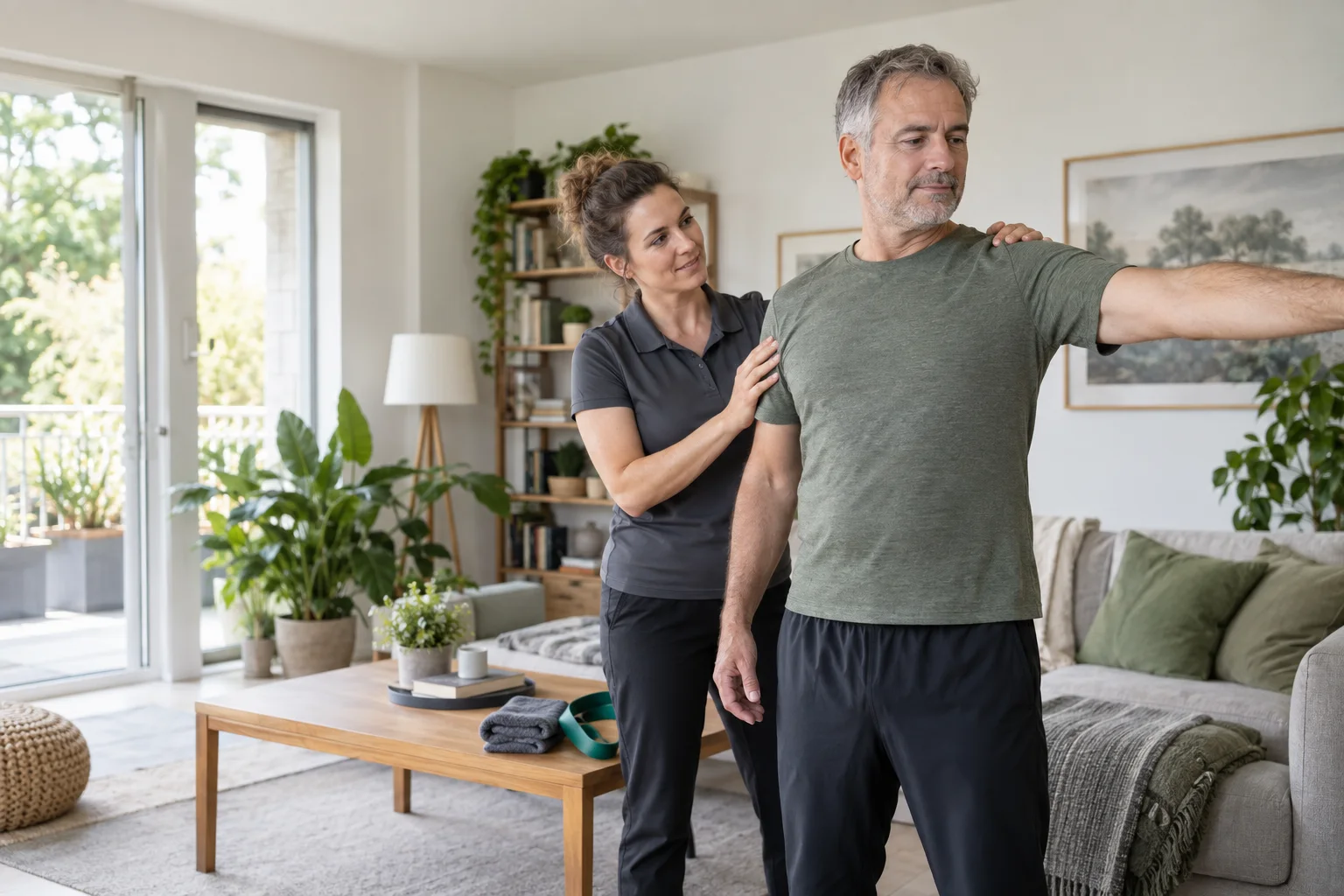 Physiotherapeutin bespricht eine Behandlung mit einem Patienten zu Hause.