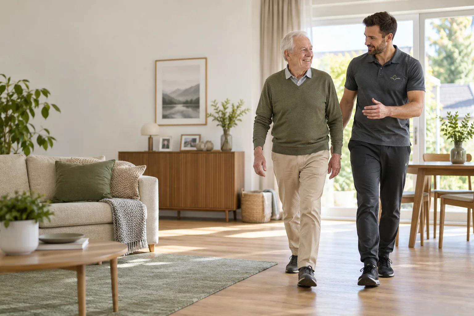 Senior übt gemeinsam mit einem Physiotherapeuten sicheres Gehen in seinem Wohnzimmer.