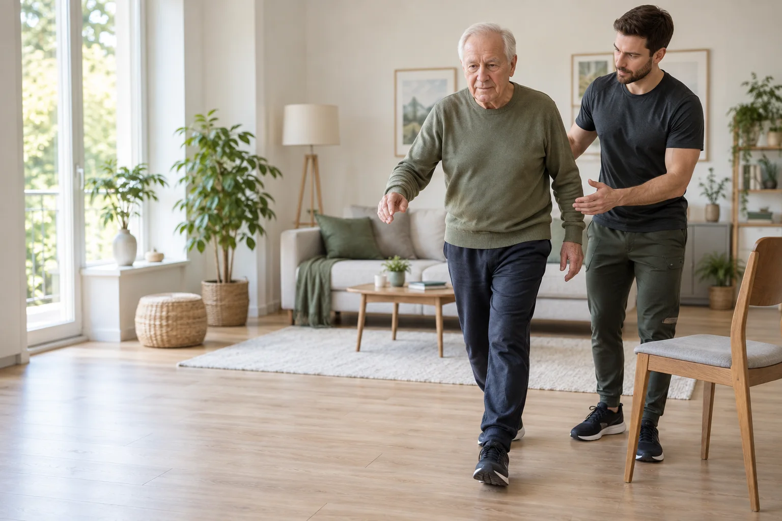 Älterer Patient trainiert mit einem Physiotherapeuten sicheres Gehen im Wohnzimmer.