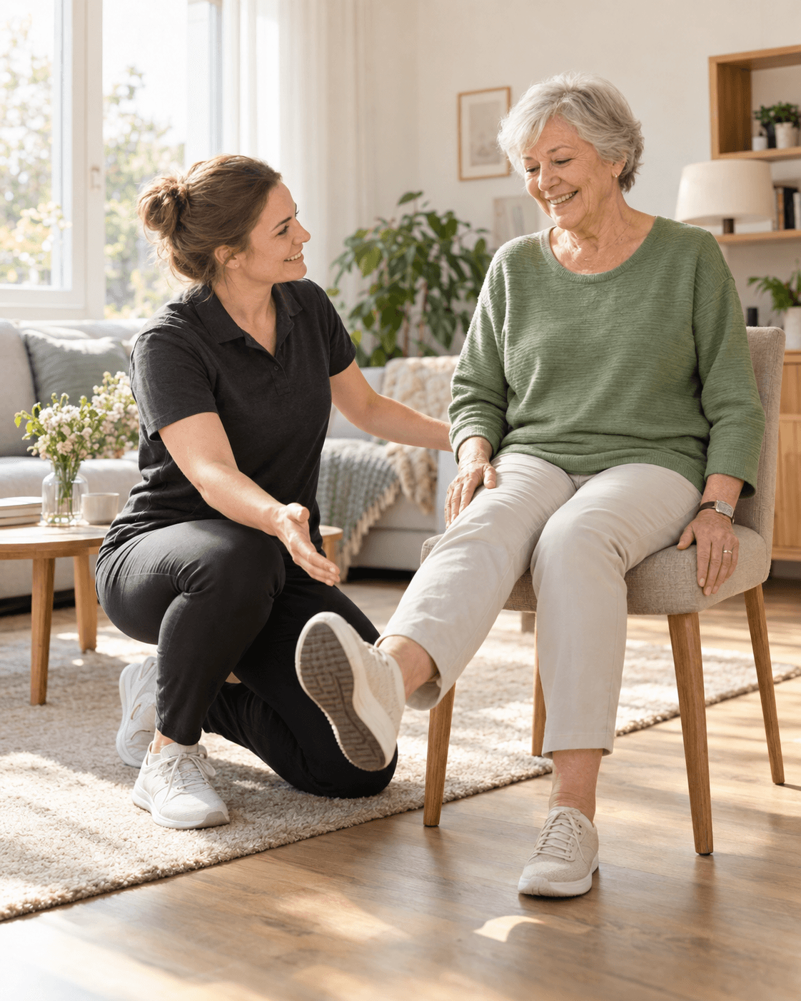 Eine Physiotherapeutin begleitet eine ältere Patientin bei einer Knieübung zu Hause.