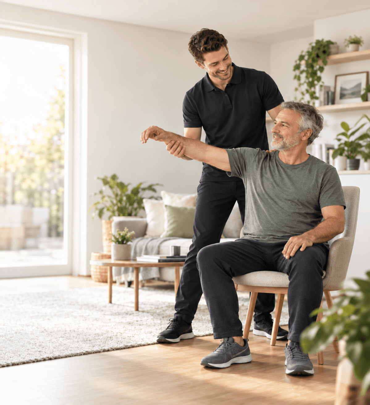 Ein Physiotherapeut unterstützt einen Patienten beim Mobilitätstraining zu Hause.