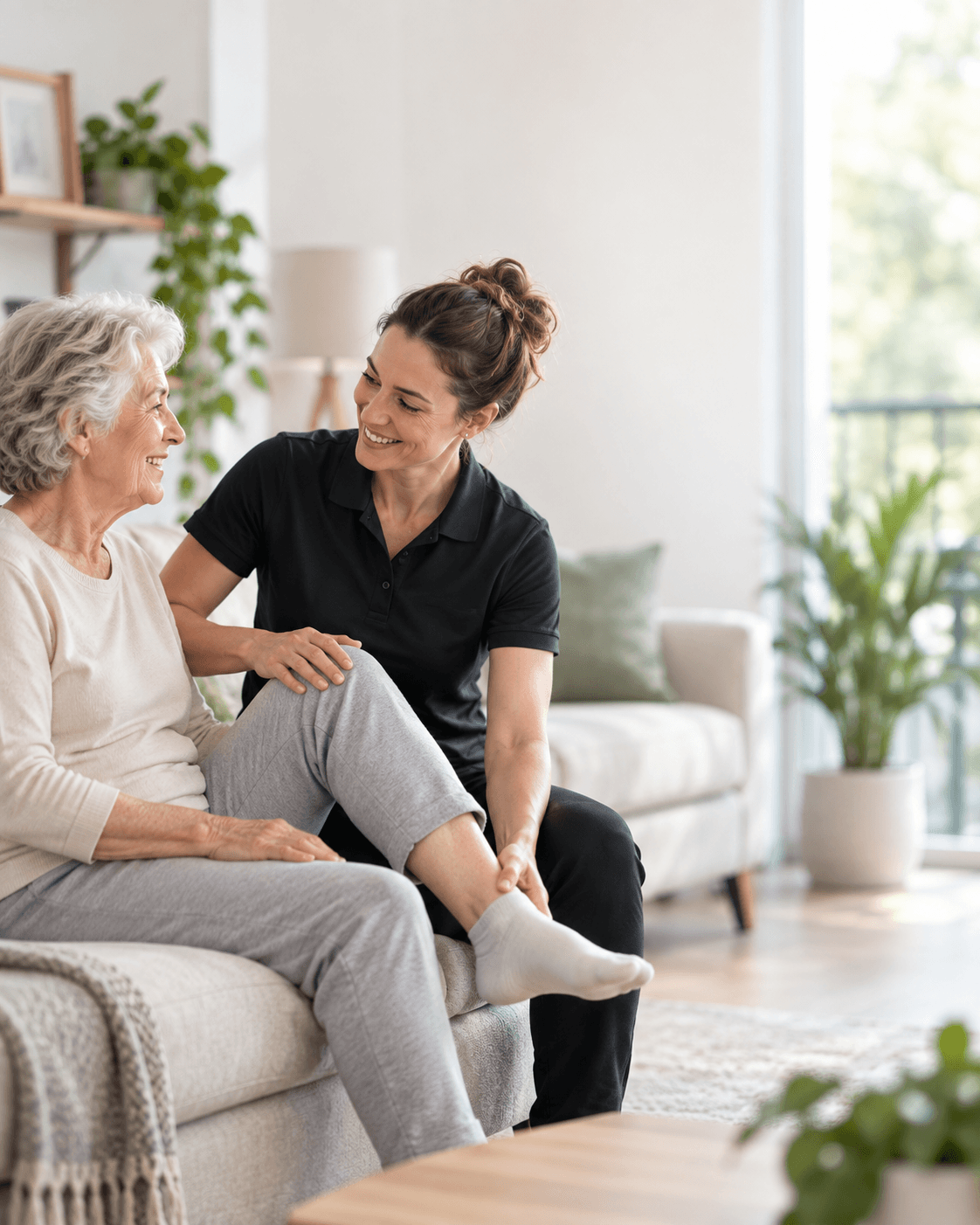 Eine Physiotherapeutin begleitet eine Seniorin bei einer Übung zu Hause.
