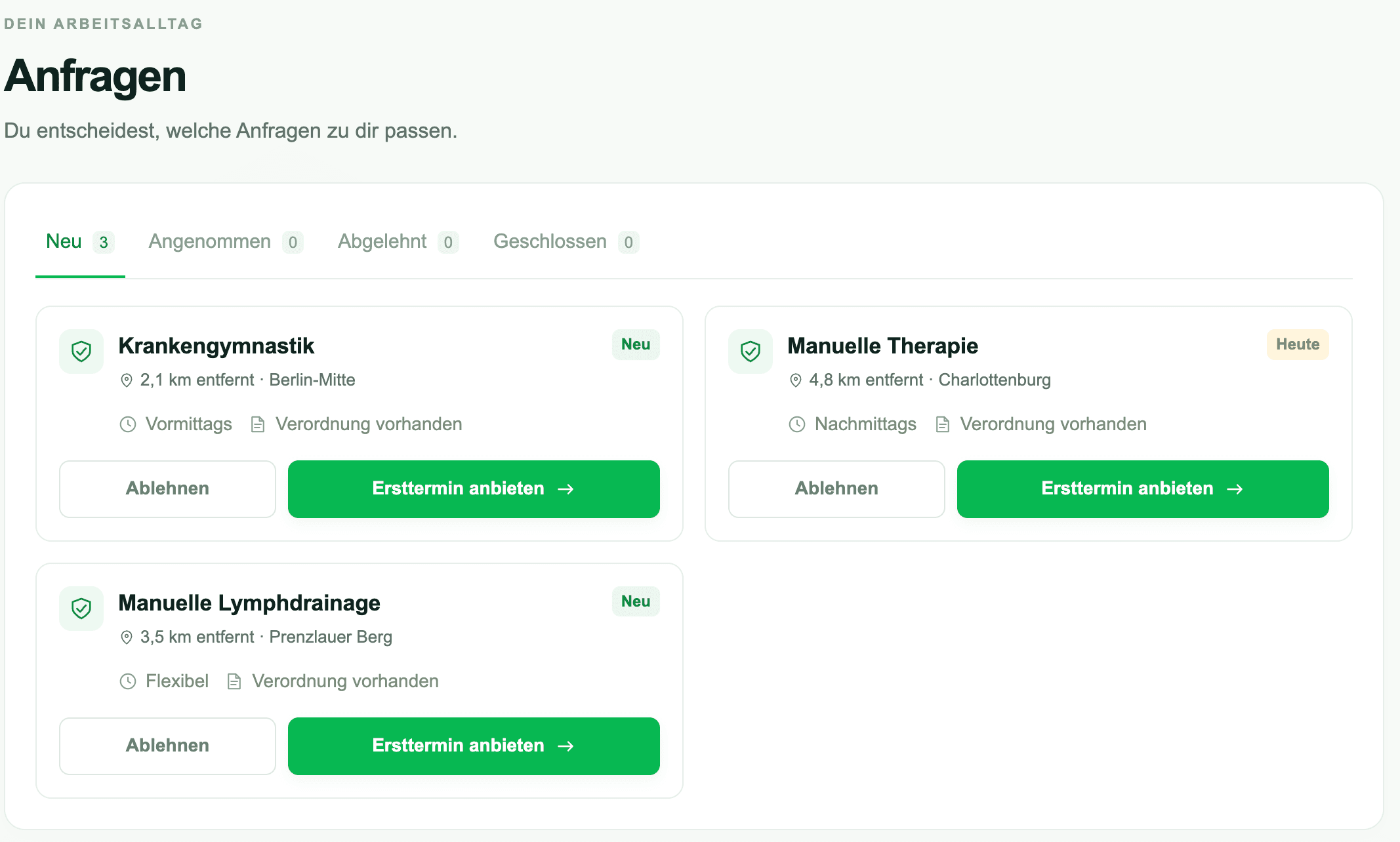 Desktop-Vorschau der PhysioKommt-App mit passenden Patientenanfragen